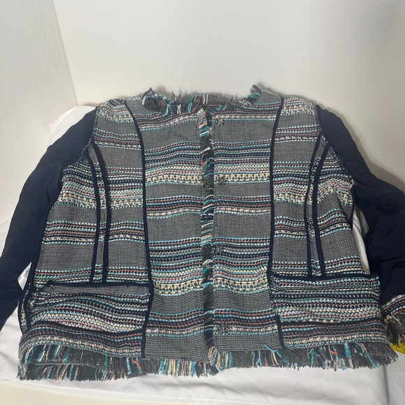 Women’s Halogen Stripped Multicolored Boho Fringe Long Sleeve Jacket Size Medium - Picture 12 of 13